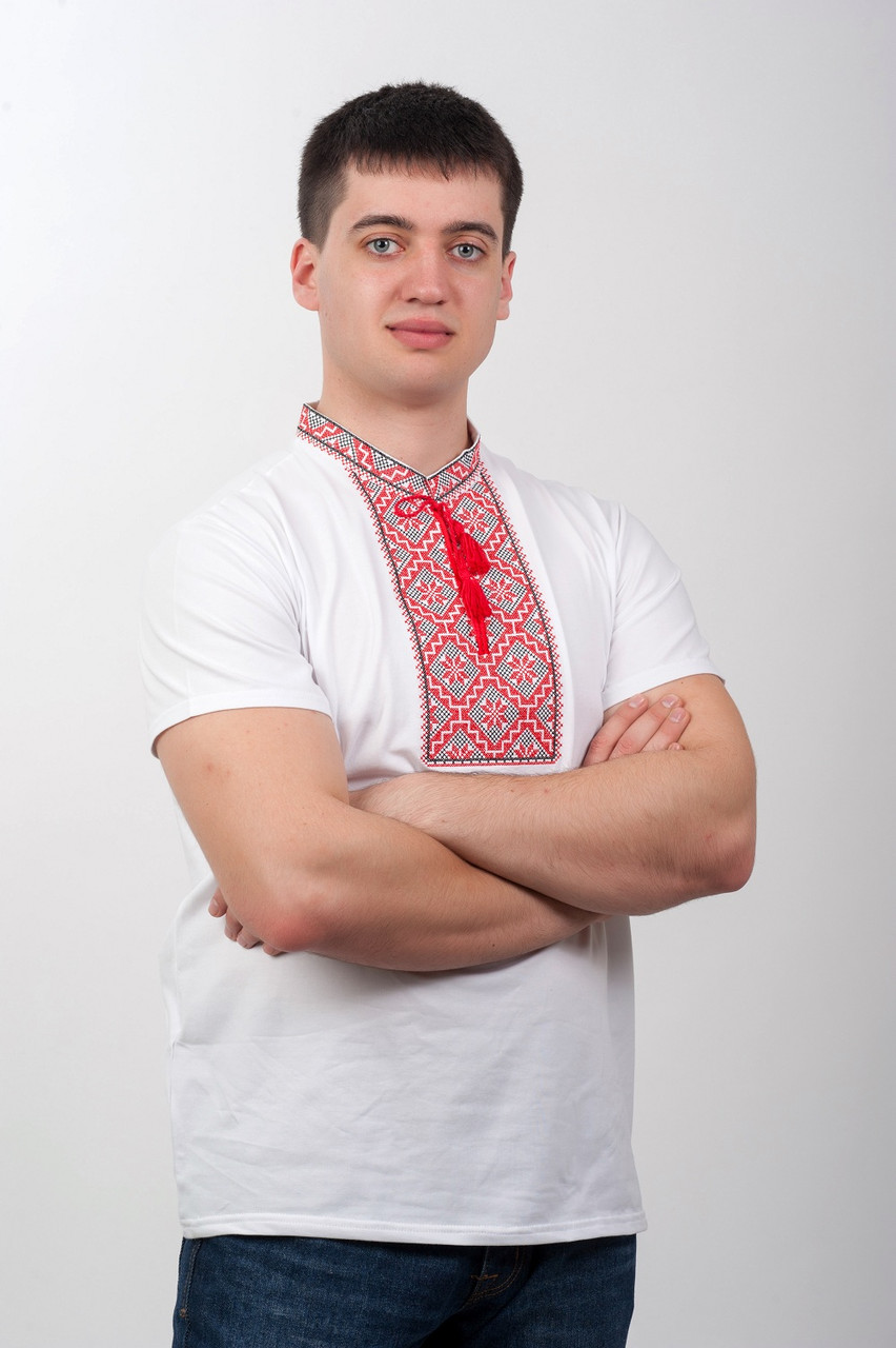 Чоловіча вишита футболка біла з червоно-чорною вишивкою