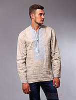 Чоловіча сорочка вишиванка з льону бежевого кольору з блакитною вишивкою