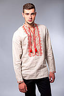 Чоловіча сорочка вишиванка з льону з довгим рукавом бежевого кольору з червоною вишивкою