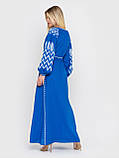 Довге синє лляне плаття з вишивкою "Геометричний гладь", фото 3
