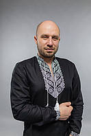 Чоловіча вишита сорочка з довгим рукавом, чорний льон