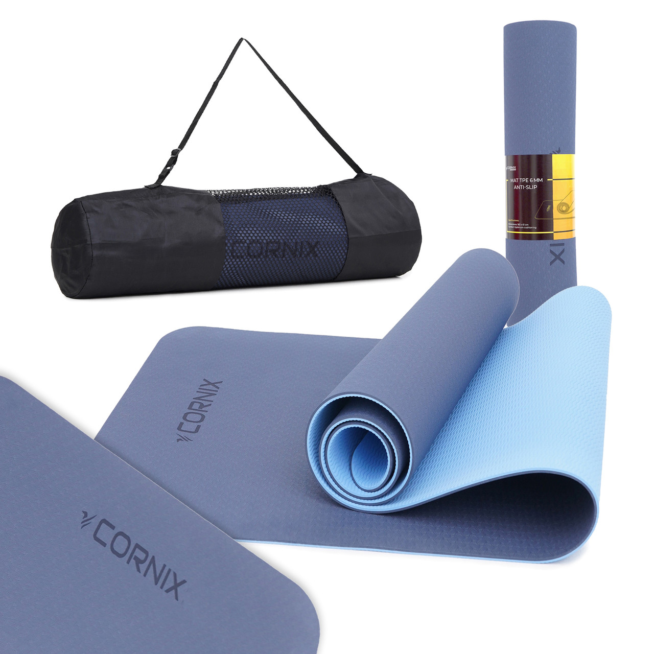 Килимок спортивний Cornix TPE 183 x 61 x 0.6 см для йоги та фітнесу XR-0003 Blue/Sky Blue, фото 1