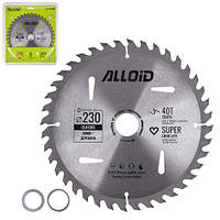 Alloid. Диск пильный по дереву с твердосплавными напайками 230х30/25,4/22,2мм, 40 зубов