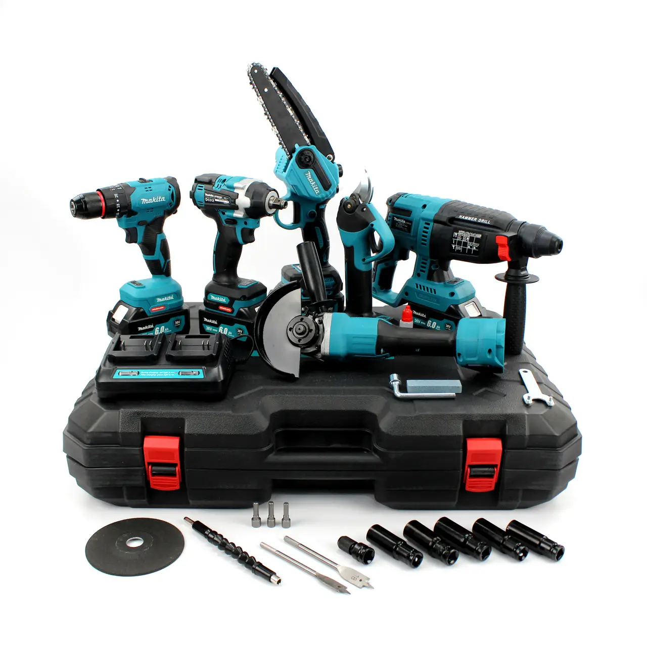 Набір 6в1 АКБ Makita 36V (Перфоратор + Шурупокрут ударний + КШМ + Гайковерт + Секатор + Мініпила)