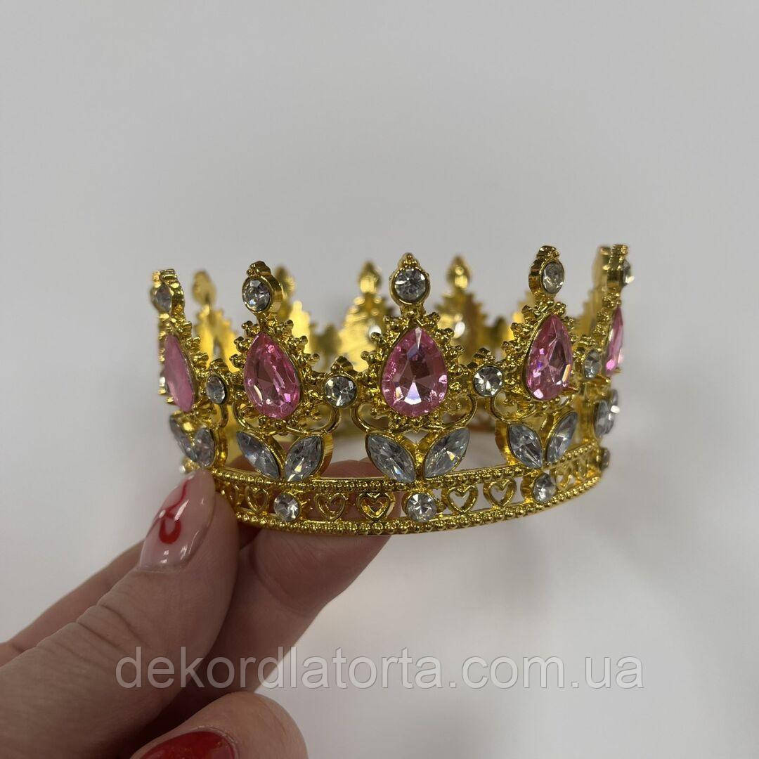 Корона  діадема золота з ніжно рожевими камінцями маленька