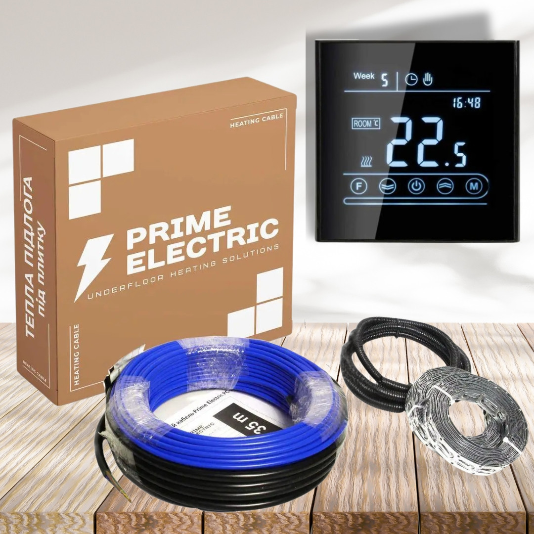 Тепла підлога 5м 100W - Prime Electric PC-20 нагрівальний кабель 100W з сенсорним програмованим WiFi терморегулятором чорним
