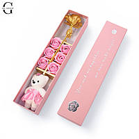 Подарунковий набір: мильні троянди 6шт, золота троянда1 шт, сувенірний ведмедик