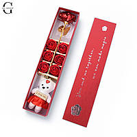 Подарунковий набір: мильні троянди 6шт, золота троянда1 шт, сувенірний ведмедик