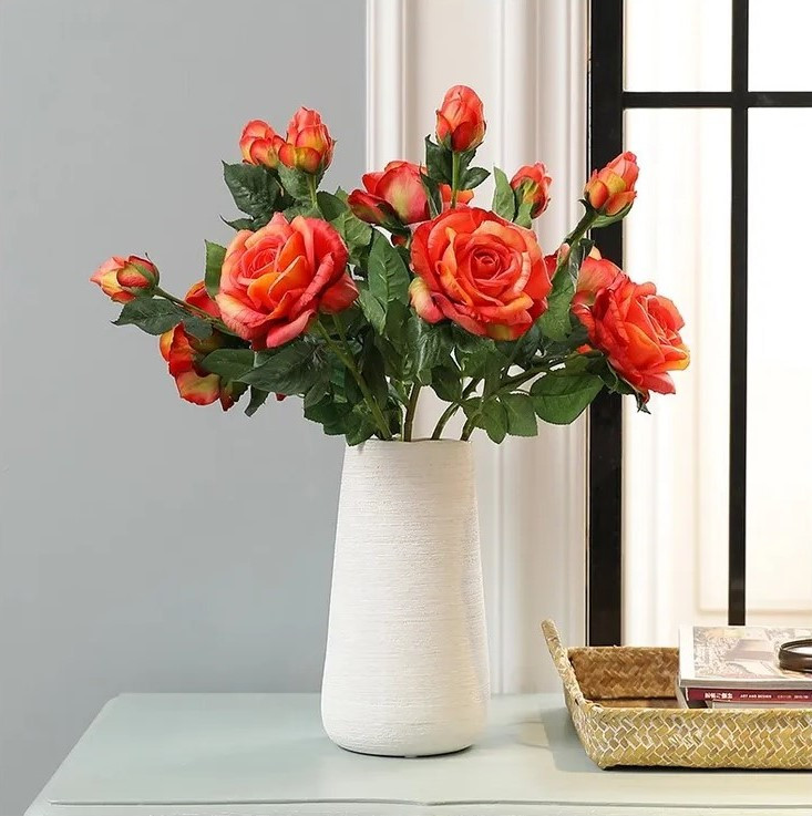 Штучна троянда Deluxe на стеблі, реалістична гілка, латекс Real Touch, сицилійський апельсин (рожево-персиковий), 65 см, фото 1