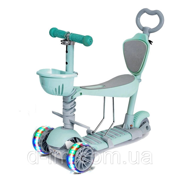 Триколісний дитячий самокат Scooter 5 в 1 М'ята з сидінням, бортиком, батьківською ручкою та кошиком 1+