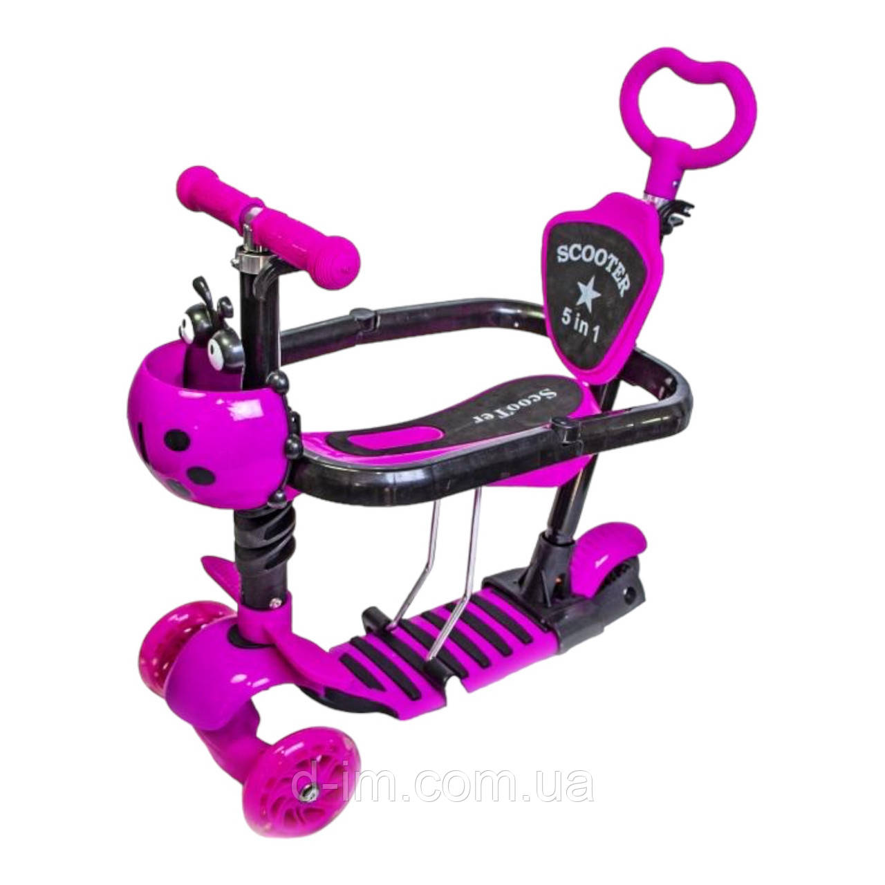 Триколісний дитячий самокат Scooter 5 в 1 Рожевий з бортиком, сидінням, батьківською ручкою та кошиком 1+