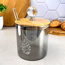 Скляна банка для меду 550 мл зі скляною паличкою Smokey Crystal