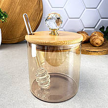 Скляна банка для меду 550 мл зі скляною паличкою Shine Crysta