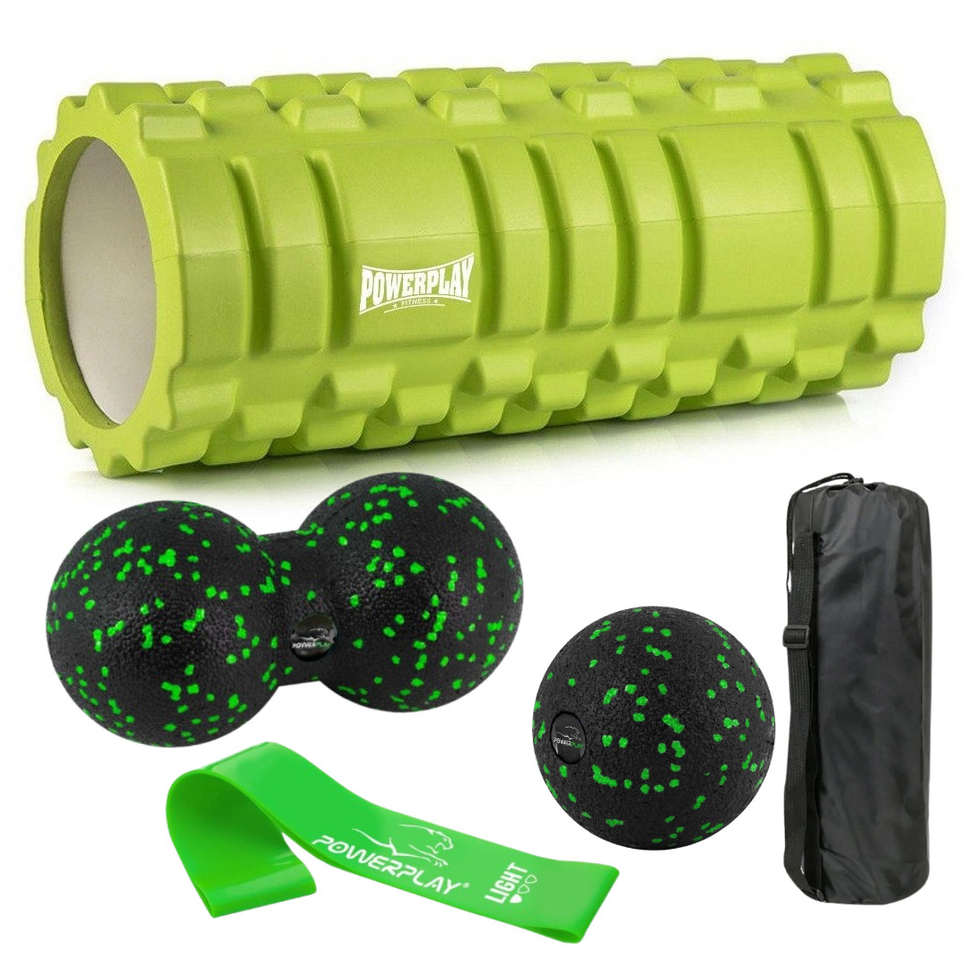 Масажний набір PowerPlay PP-4096 3-в-1, EVA-піна, зелений - ролик + 2 м’ячі для йоги, фітнесу, реабілітації, фото 1