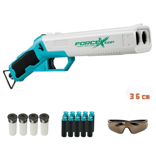 Дитячий дводульний обріз бірюзово-білий з м'якими кулями, окулярами та 40 снарядами, фото 1