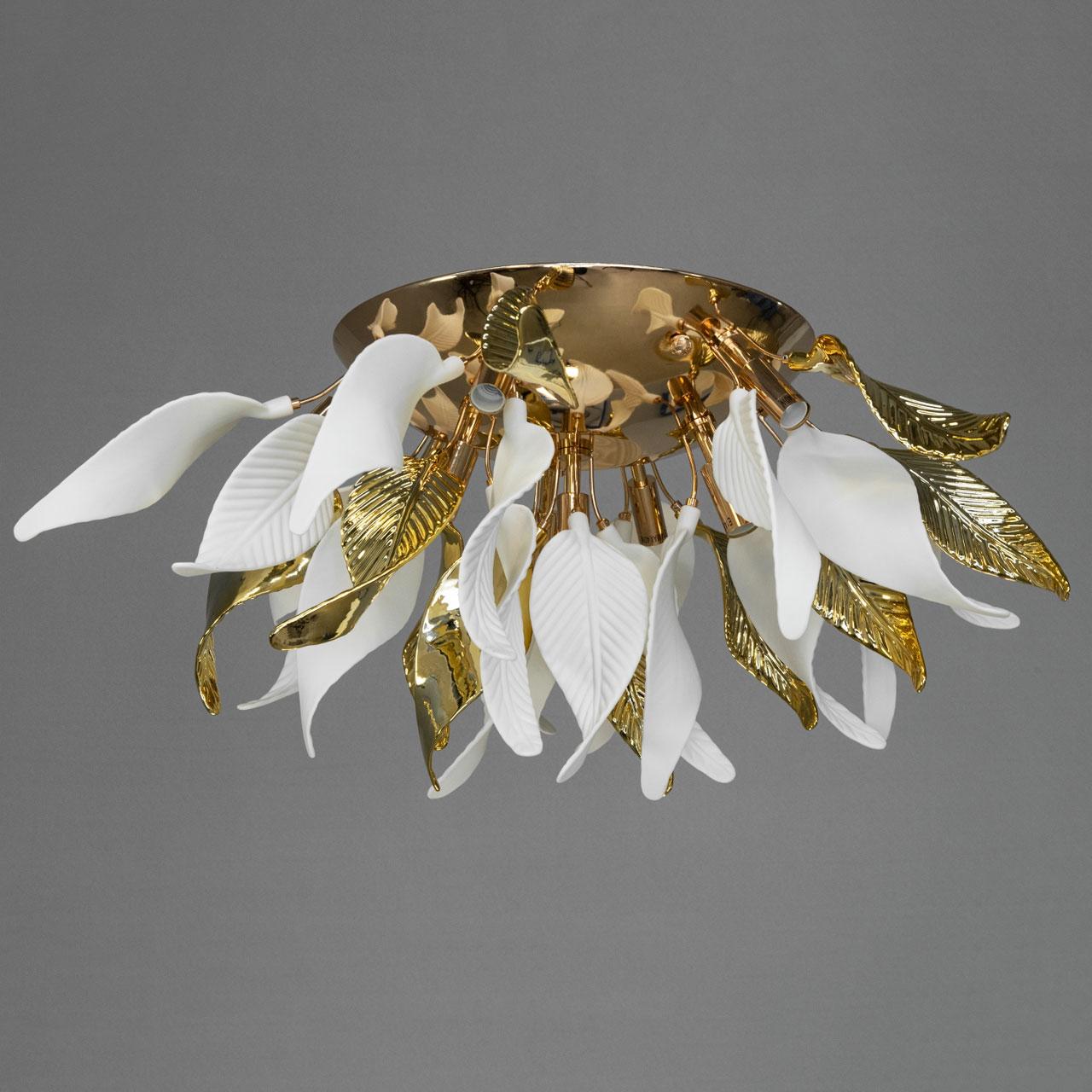 Люстра "Гілка" на 10 ламп E14 з керамічними пелюстками, золотий каркас - D-8319-10C GD, фото 1