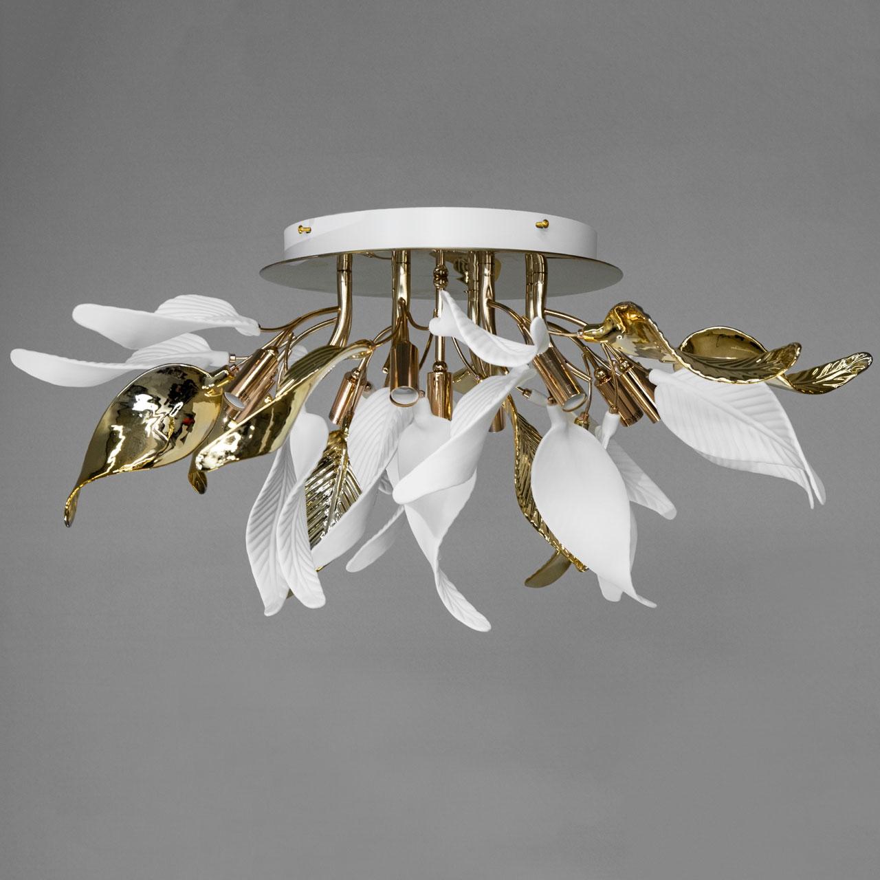 Люстра "Гілка" на 9 ламп E14 з керамічними пелюстками, золотий каркас - D-8310-9C GD, фото 1