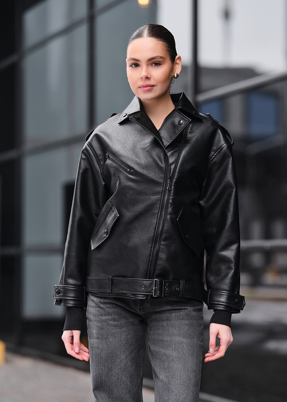 Жіноча Шкіряна Куртка Оверсайз Демісезонна Стаф Чорна Staff Ta Black Oversize Shopingo - фото 1 - id-p2789553165