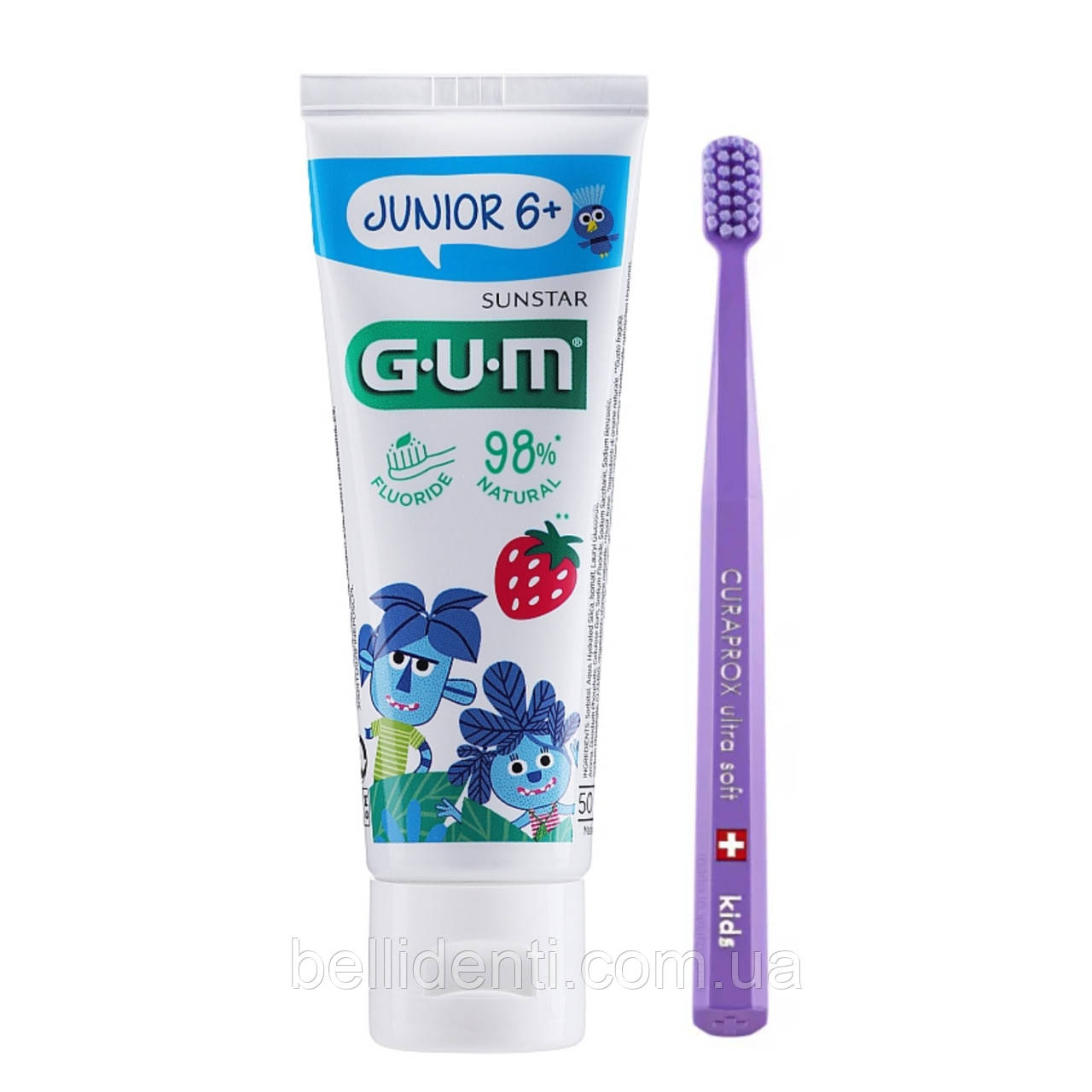 Набір Gum Junior Curaprox Kids від 6-12 років (зубна паста 50 мл із фтором+зубна щітка фіолетова)