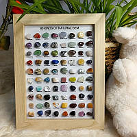 Колекція з 80 натуральних мінералів і каменів у дерев'яній рамці агат, флюорит, обсидіан, кварц та інші