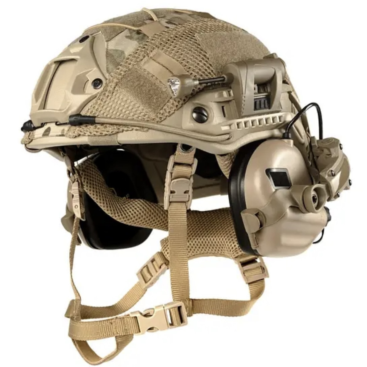 Балалістичний шолом AholdTech Fast Premium NIJ IIIA койот мультиків із навушниками EARMOR M31 і чебурашка, фото 1