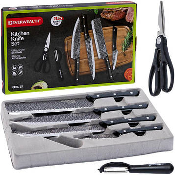 Набір кухонних ножів 6 предметів 4 ножі леза завдовжки 20-20-20-20-9 см, овочечистка і кухонні ножиці, чорний