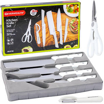 Набір кухонних ножів 6 предметів 4 ножі леза завдовжки 20-20-20-20-9 см, овочечистка і кухонні ножиці, білий