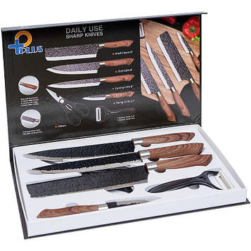 Набір кухонних ножів 6 предметів 4 ножі леза завдовжки 20-20-20-20-9 см, овочечистка і кухонні ножиці, коричневий
