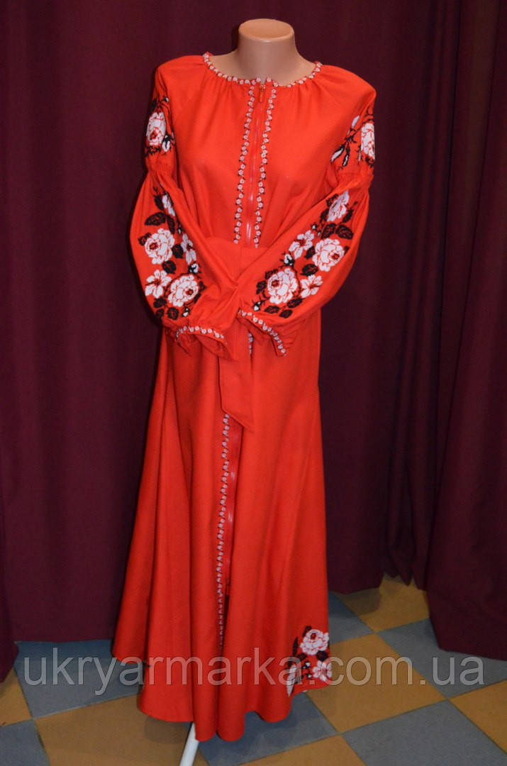 Сукня вишиванка червона з пишними рукавами "Пенелопа"