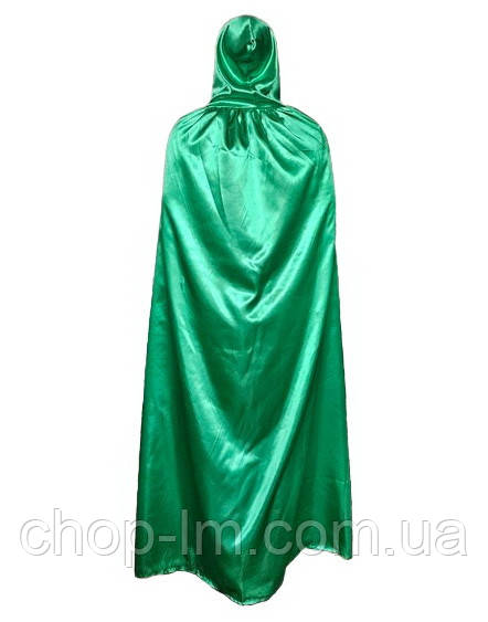 Зелений довгий плащ із капюшоном (150 см). Карнавальний зелений плащ мантія атласний