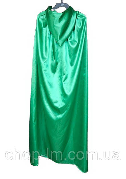 Плащ із капюшоном зелений атласний (130 см). Карнавальний зелений плащ мантія