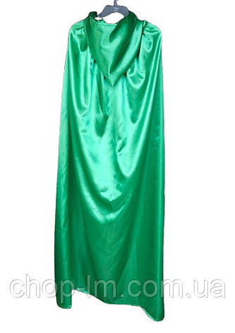 Плащ із капюшоном зелений атласний (130 см). Карнавальний зелений плащ мантія, фото 1