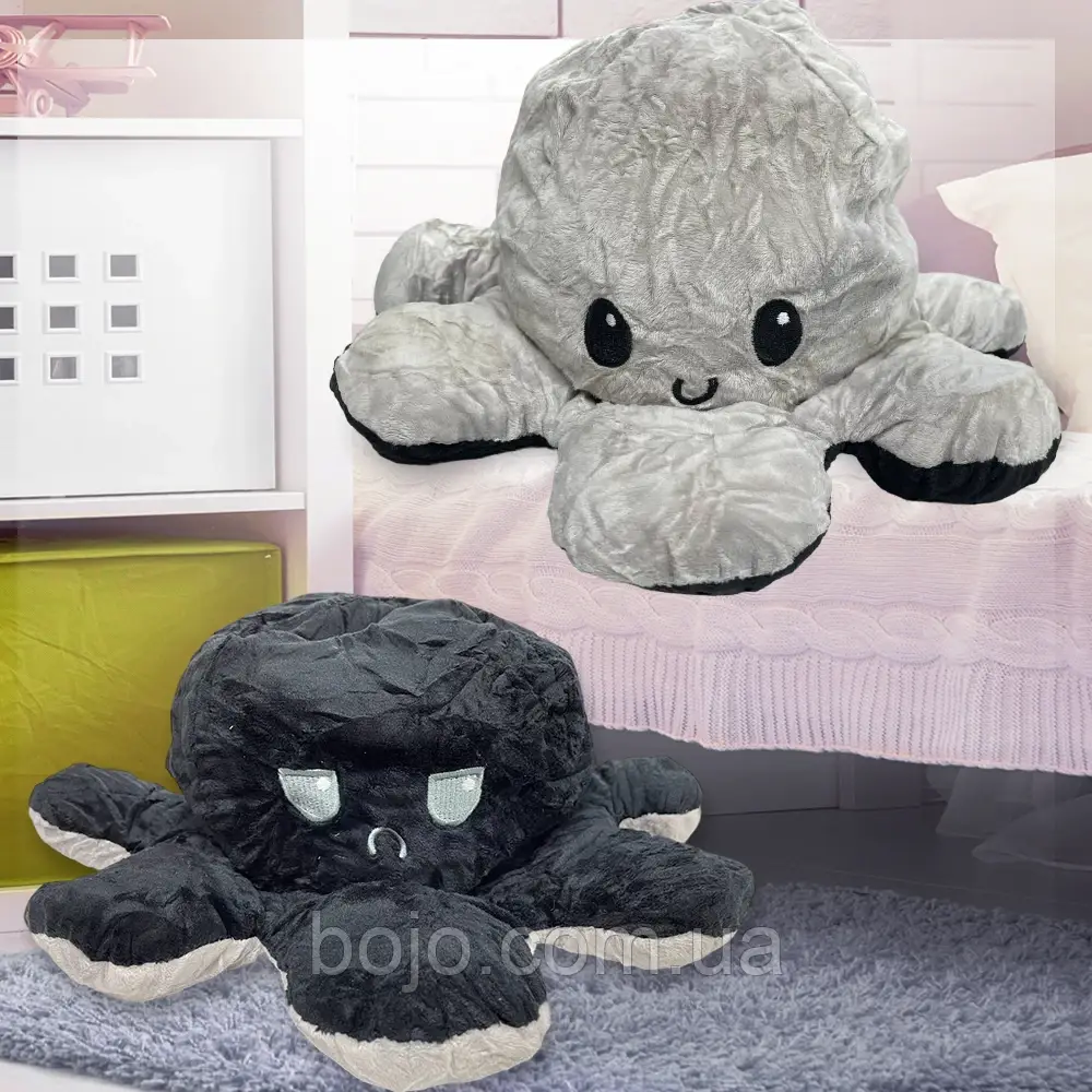 Восьминіг-перевертень двостороння іграшка - антистрес 30 см, Сірий/Чорний (GZ)