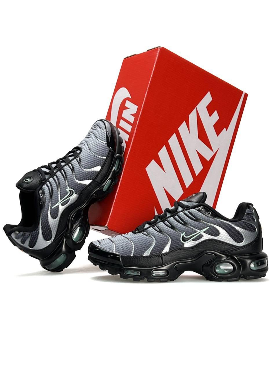 Чоловічі шкіряні текстиль кросівки Nike Air Max Plus New Black Grey Silver, кеди Найк чорні. Чоловіче взуття