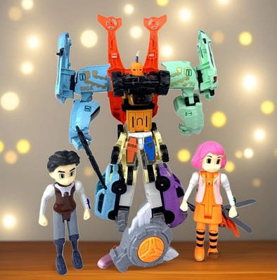 Крутий іграшковий робот трансформер набір для дітей 6 машинок вертоліт дві фігурки героїв амулет світло звук