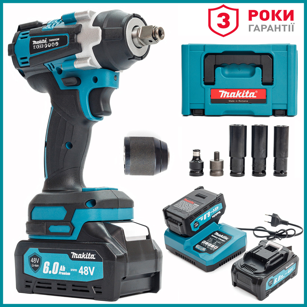 Безщітковий акумуляторний ударний гайковерт Makita TW005GM (48V, 6AH) Потужний гайковерт Макіта з насадками bs