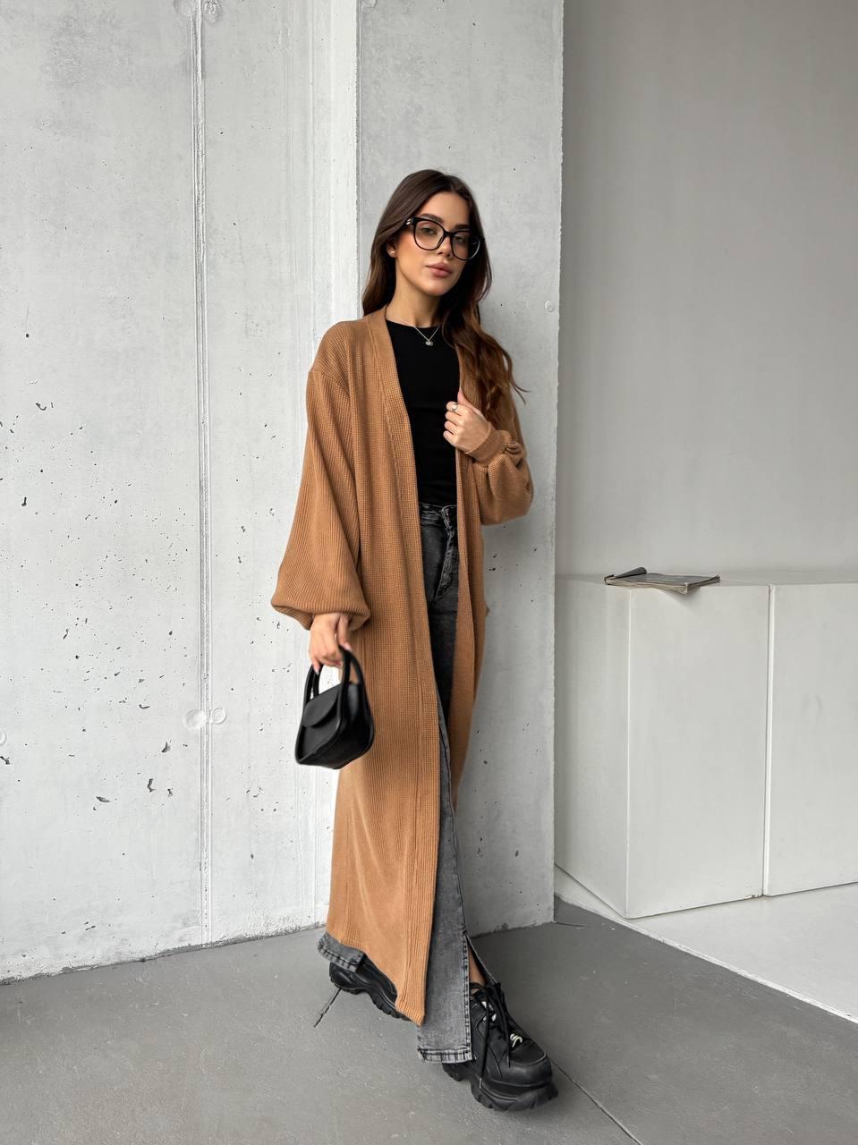 Довгий в'язаний жіночий кардиган стильний модний вільний якісний з об'ємними рукавами арт 222не