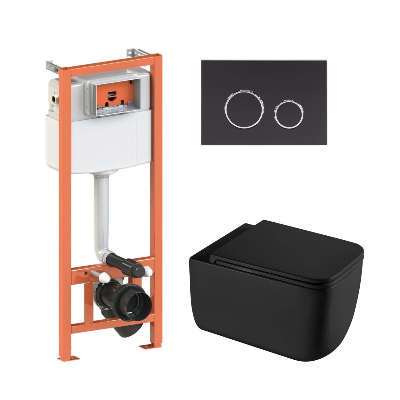 Готове рішення Qtap для ванної кімнати: підвісний унітаз Gemini Ultra Quiet + комплект інсталяції Nest 4 в 1 (кругла клавіша Black