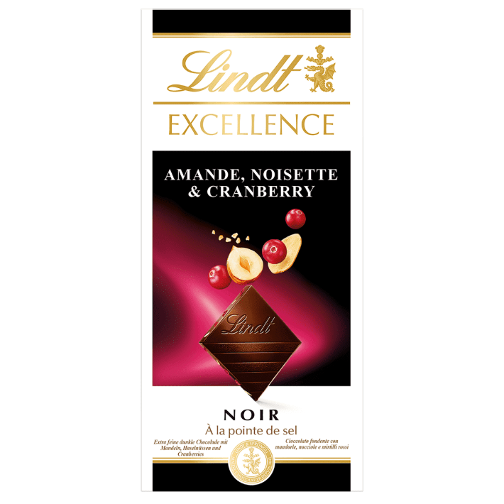 Шоколад чорний Lindt Excellence Cranberry, Almond & Hazelnut з мигдалем, лісовими горіхами та журавлиною, 100г