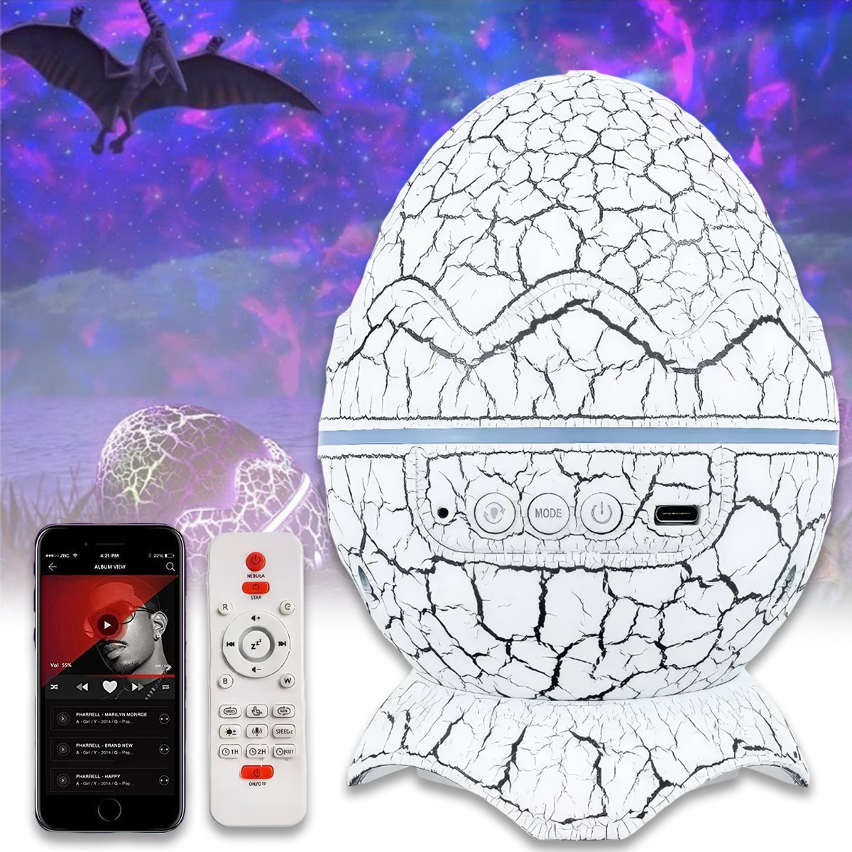 Музичний нічник-проектор зоряного неба з пультом Яйце Динозавра Dinosaur Egg AND LY-664, фото 1