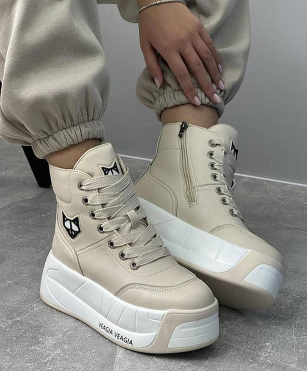 Кросівки черевики бежеве хутро екошкіряні жіночі, фото 1