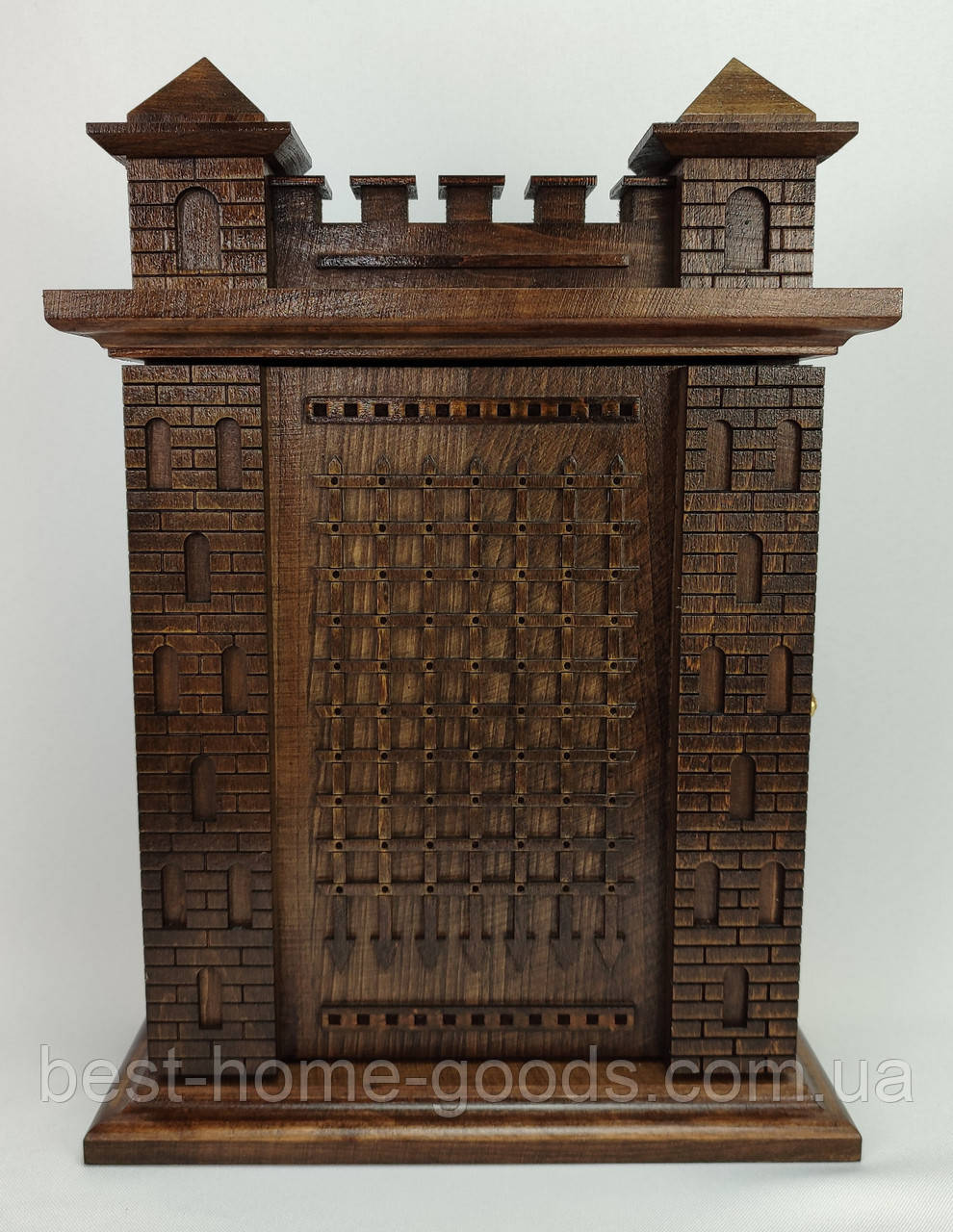 Дерев'яна настінна ключниця "Фортеця" ручної роботи | Стильний органайзер для ключів із натурального дерева, фото 1