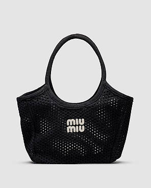 💎 Miu Miu Raffia And Linen Tote Bag Black 32 х 30 х 10 см, фото 1