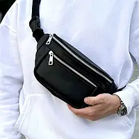 Кожаная мужская сумка-бананка через плечо черная, ручной работы, классическая
