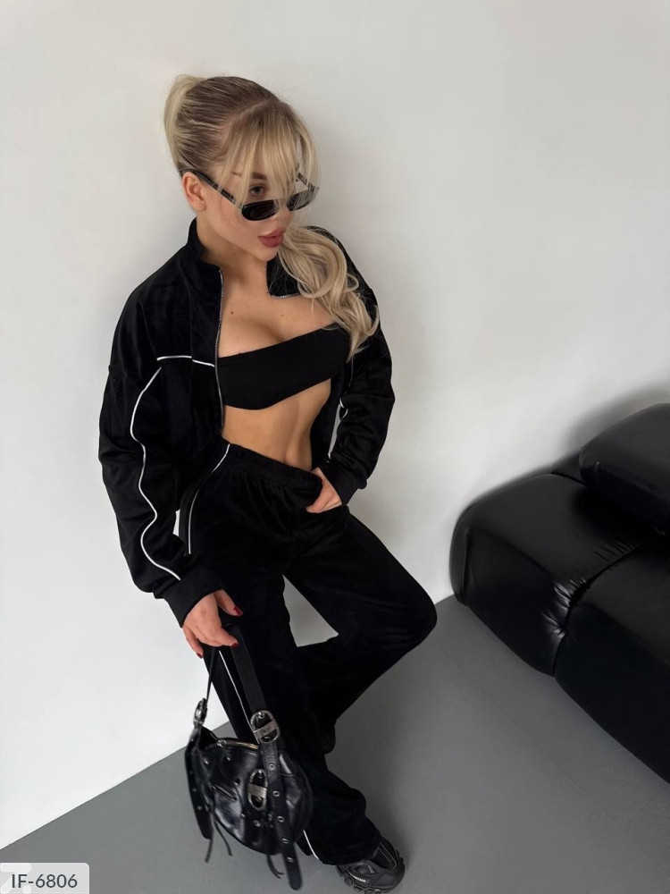 Костюм прогулянковий жіночий весняний молодіжний велюровий з укороченою кофтою на блискавці з лампасами