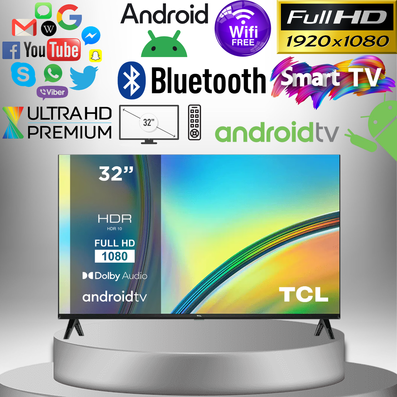Телевізор Телик Плазма Монітор TCL 32 дюйми/Android/Пульт/LED/Full HD 1920x1080/Wi-Fi/Smart TV/Bluetooth/HDMI
