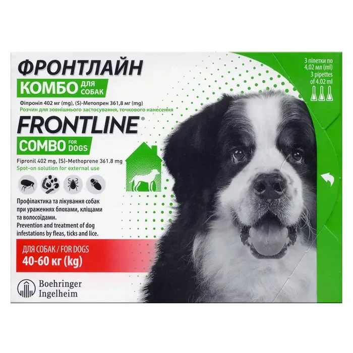 Краплі на холку для собак Boehringer Ingelheim Frontline Combo (Фронтлайн комбо) Spot-ON від 40 до 60 кг XL, 3 шт