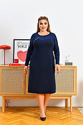 Красива святкова трикотажна сукня з гіпюром синій колір батал