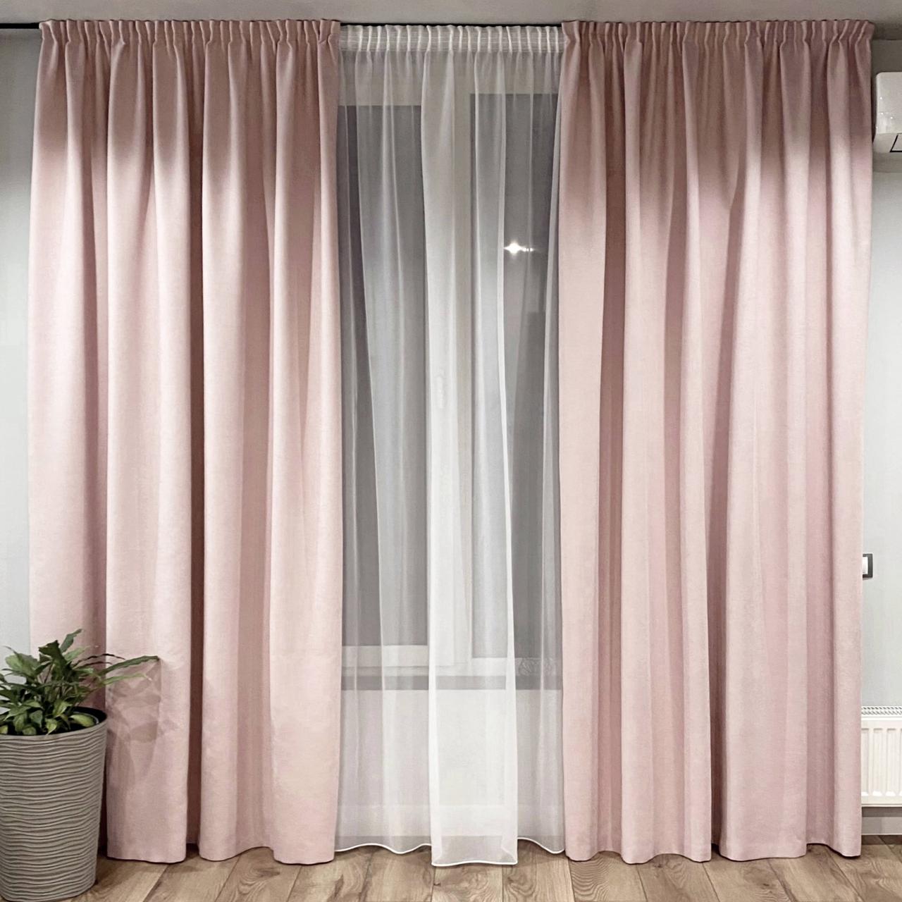 Комплект штори на тасьмі 2 шт 180х250 мікровелюр Світло-рожевий, тюль вуаль 300х250 Білий, фото 1