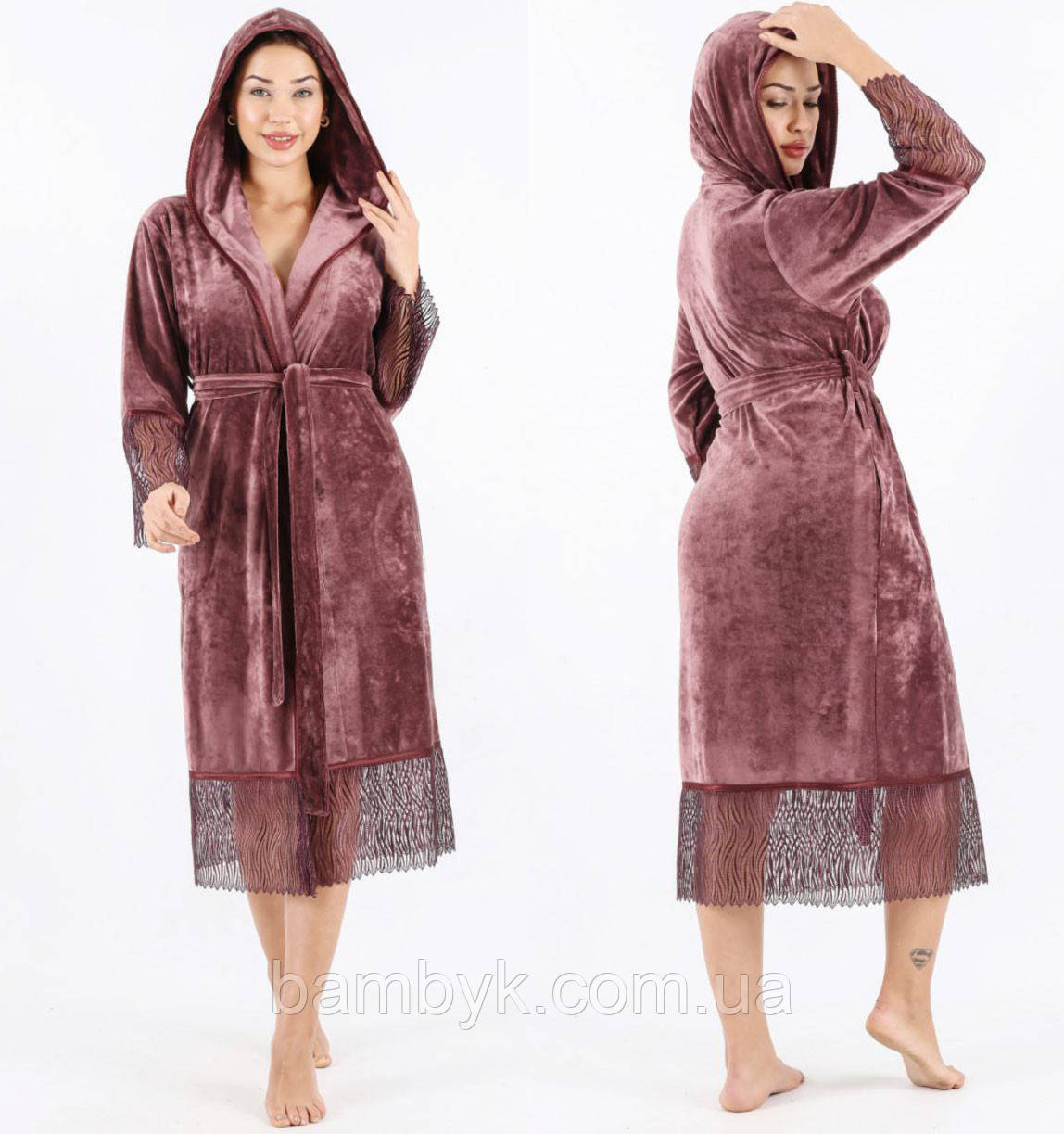 Жіночий велюровий халат на запах преміум якість Nusa NS-0539 прикрашений мереживом